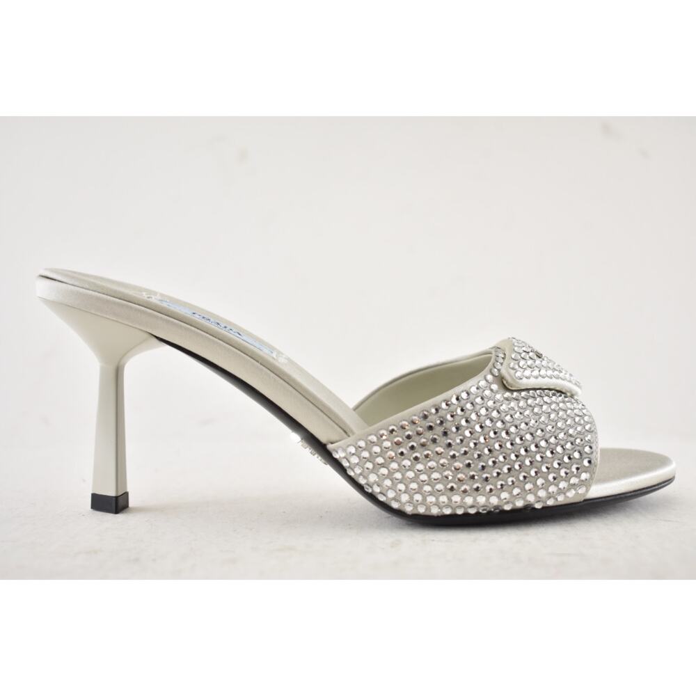 Prada Crystal Satin Stiletto Perla White Grey Backless Sandal Mule Heel Pump 36 - Picture 2 of 16
